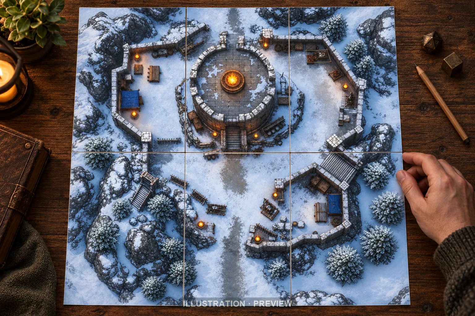 Illustration of a battlemap arranged on six printed sheets on a tabletop