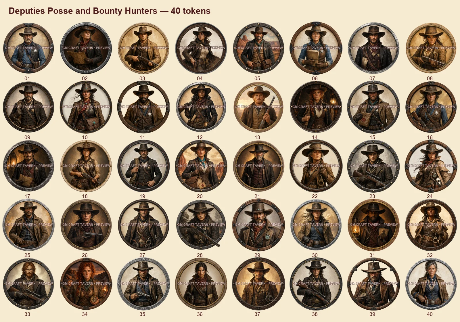 Adjoints, bandes et chasseurs de primes — tous les tokens-portraits western inclus 40, aperçu filigrané