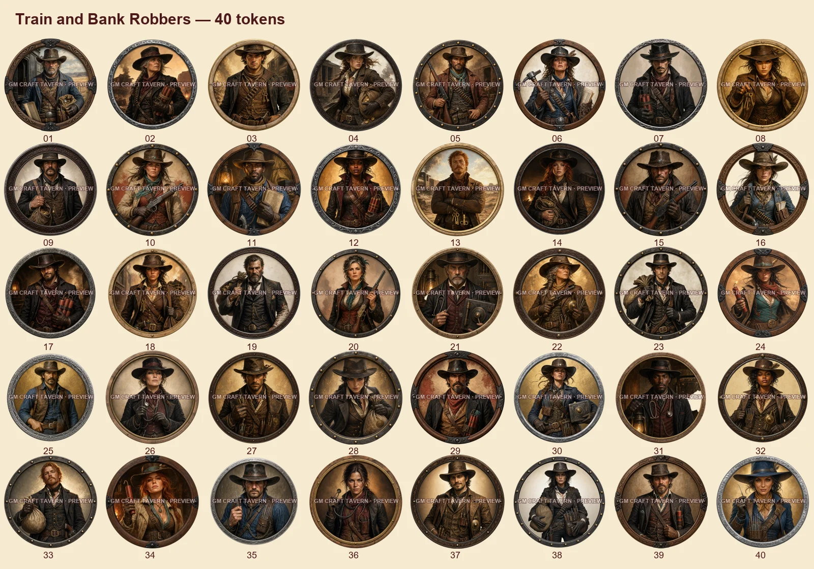 Braqueurs de trains et de banques — tous les tokens-portraits western inclus 40, aperçu filigrané