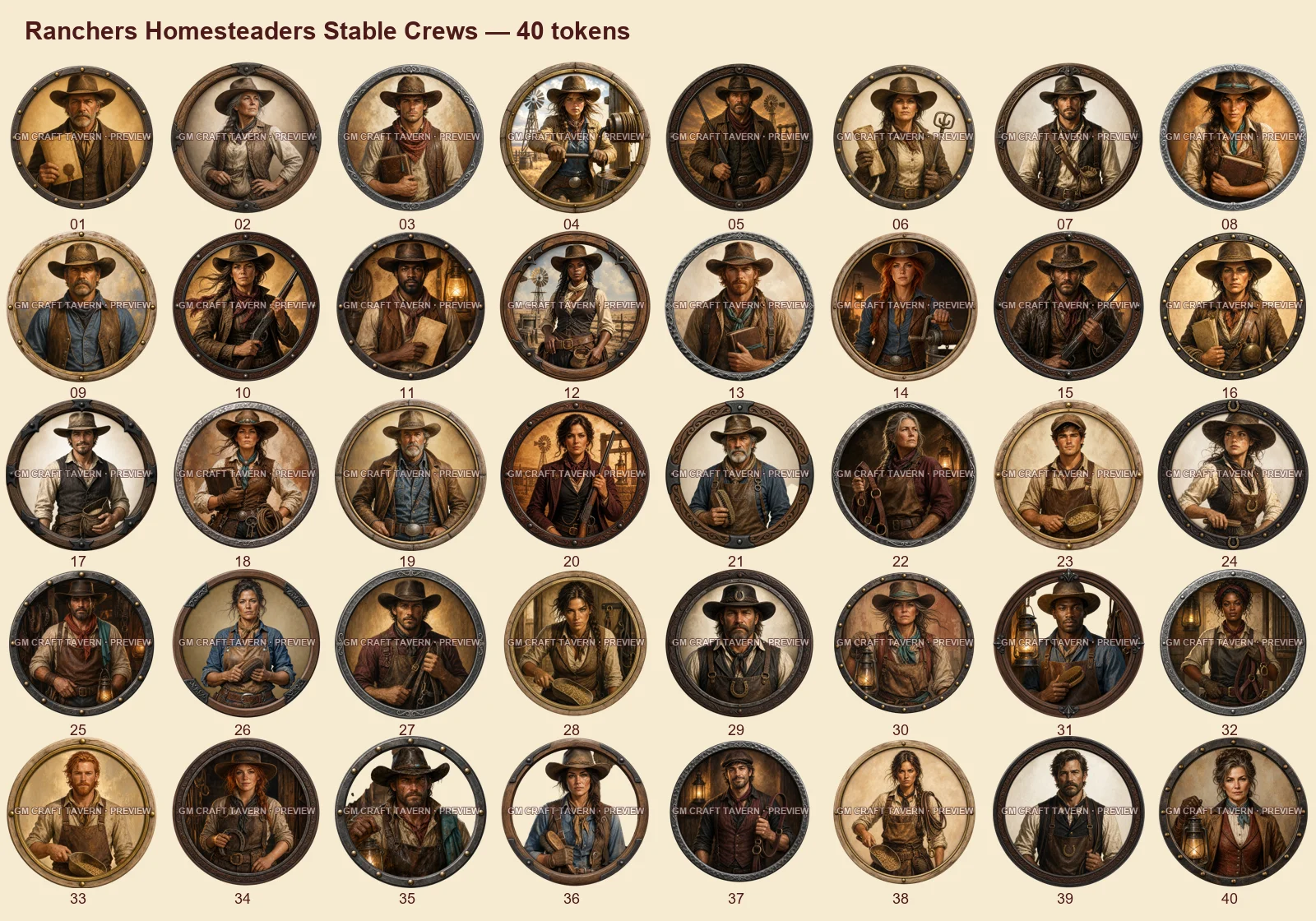 Éleveurs, colons et équipes d’écurie — tous les tokens-portraits western inclus 40, aperçu filigrané