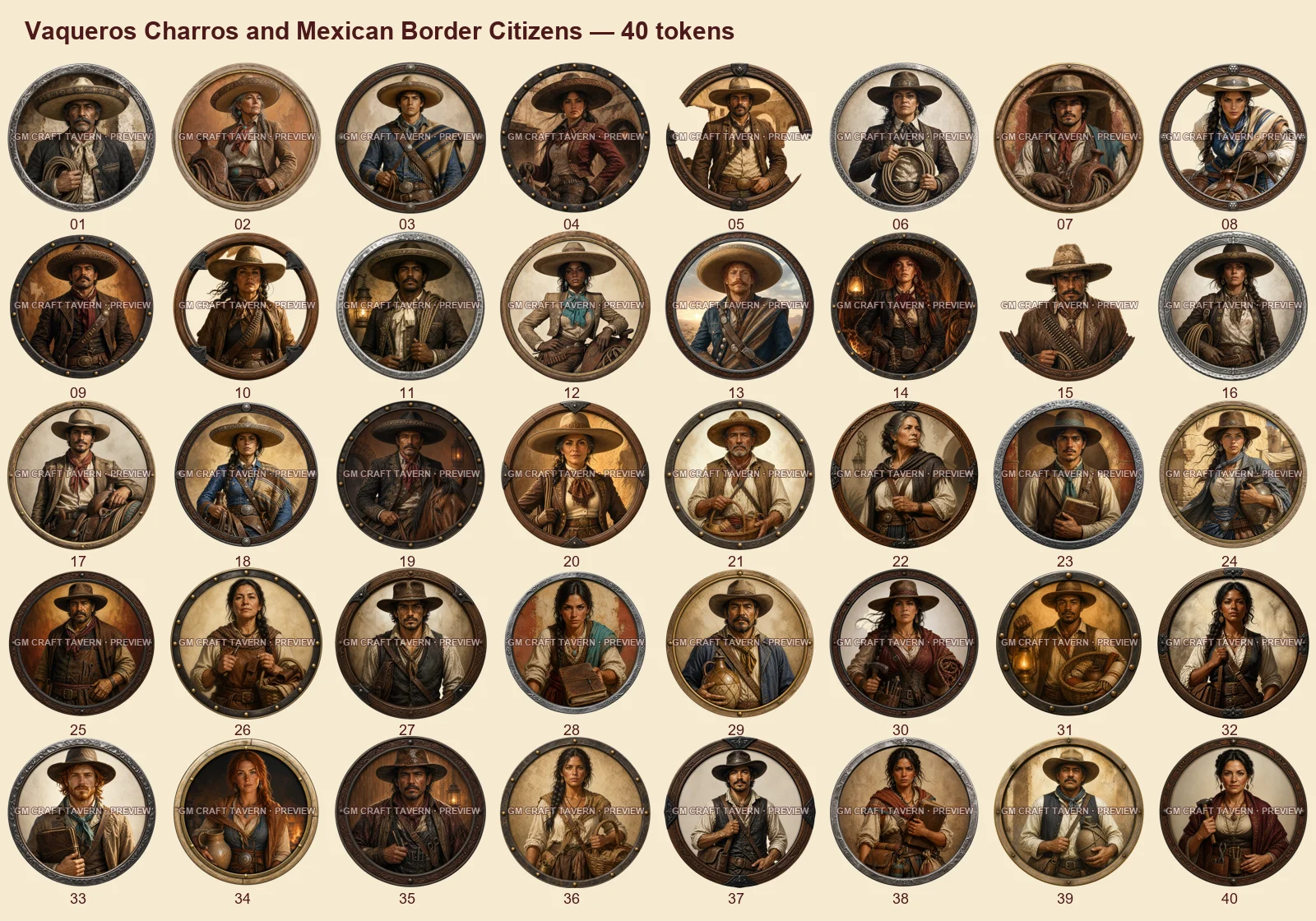 Vaqueros, charros et habitants de la frontière mexicaine — tous les tokens-portraits western inclus 40, aperçu filigrané