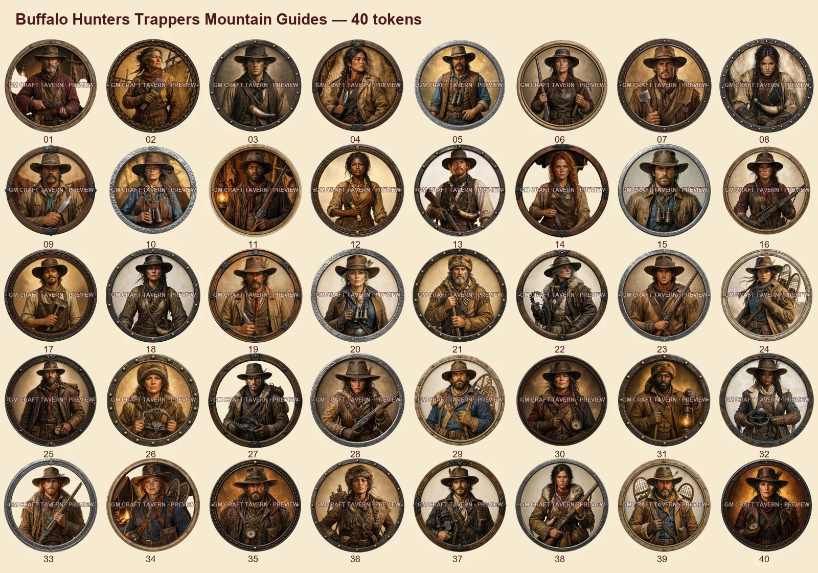 Chasseurs de bisons, trappeurs et guides de montagne — tous les tokens-portraits western inclus 40, aperçu filigrané