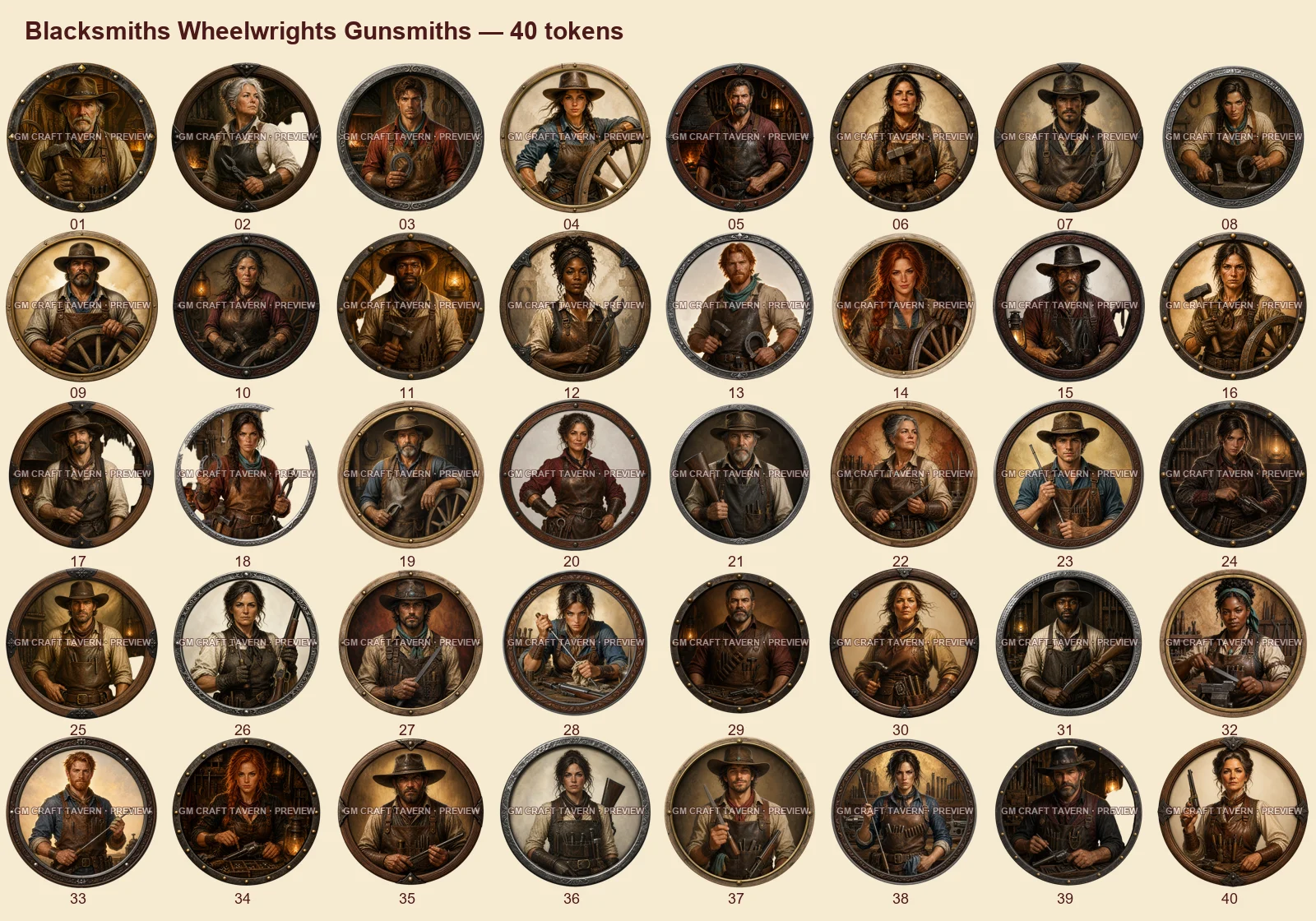 Forgerons, charrons et armuriers — tous les tokens-portraits western inclus 40, aperçu filigrané