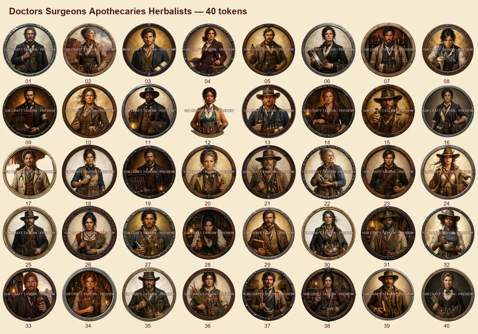 Médecins, chirurgiens, apothicaires et herboristes — tous les tokens-portraits western inclus 40, aperçu filigrané