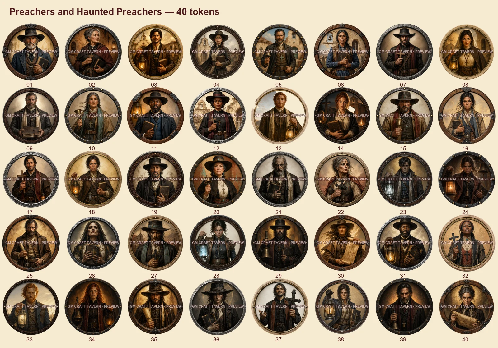 Prêcheurs et prêcheurs hantés — tous les tokens-portraits western inclus 40, aperçu filigrané