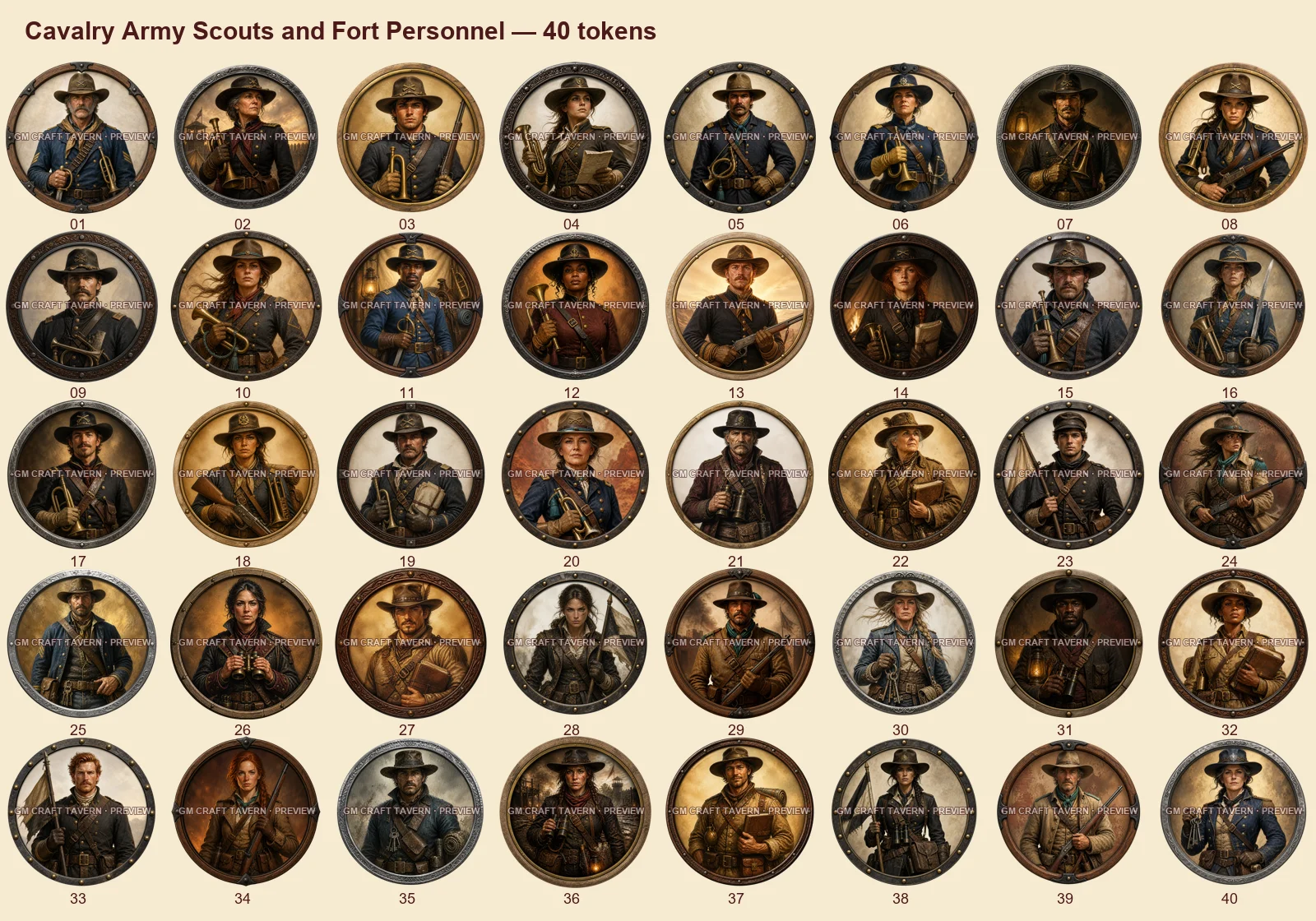 Cavaliers, éclaireurs de l’armée et personnel de fort — tous les tokens-portraits western inclus 40, aperçu filigrané