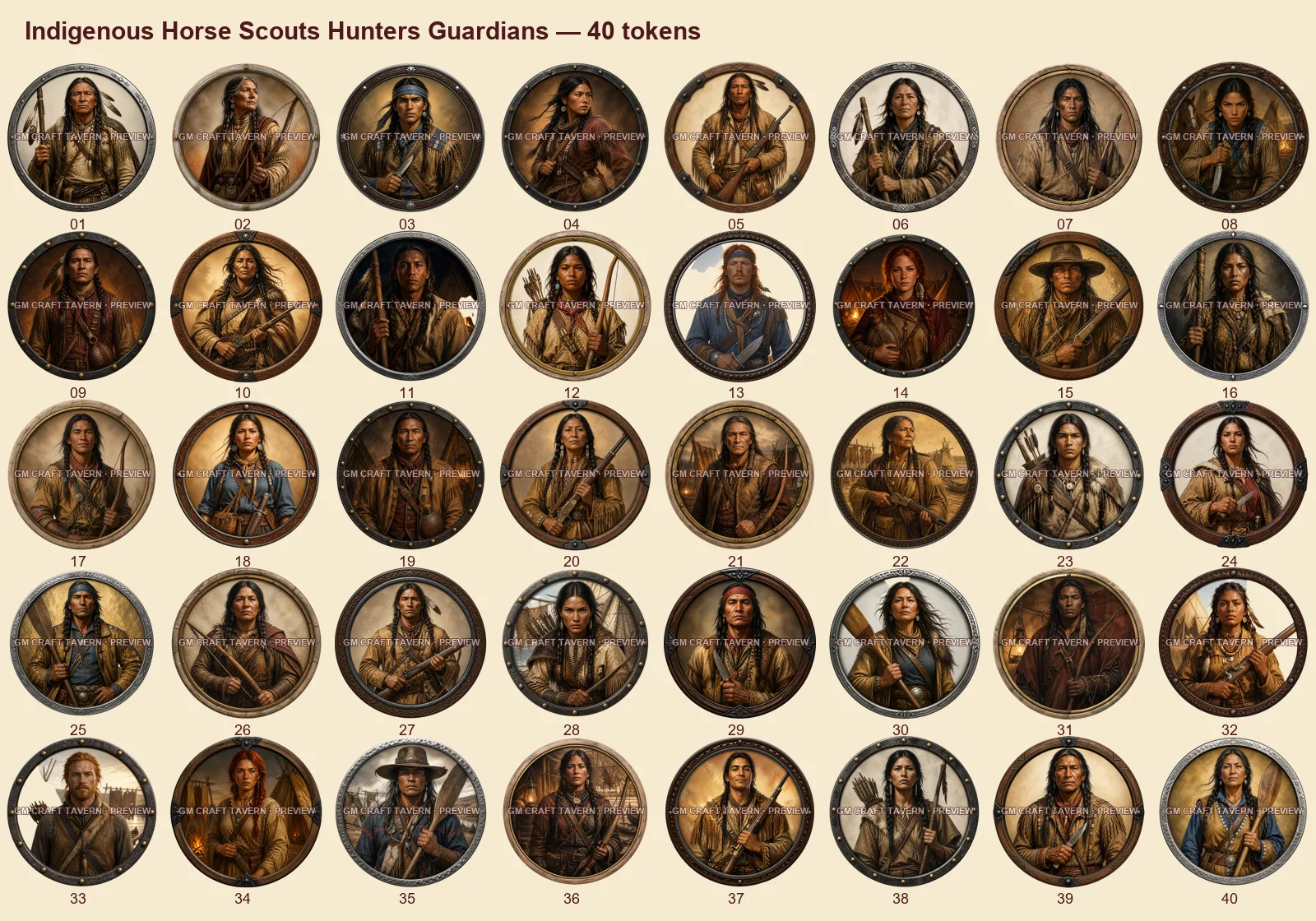 Éclaireurs à cheval, chasseurs et gardiens autochtones — tous les tokens-portraits western inclus 40, aperçu filigrané