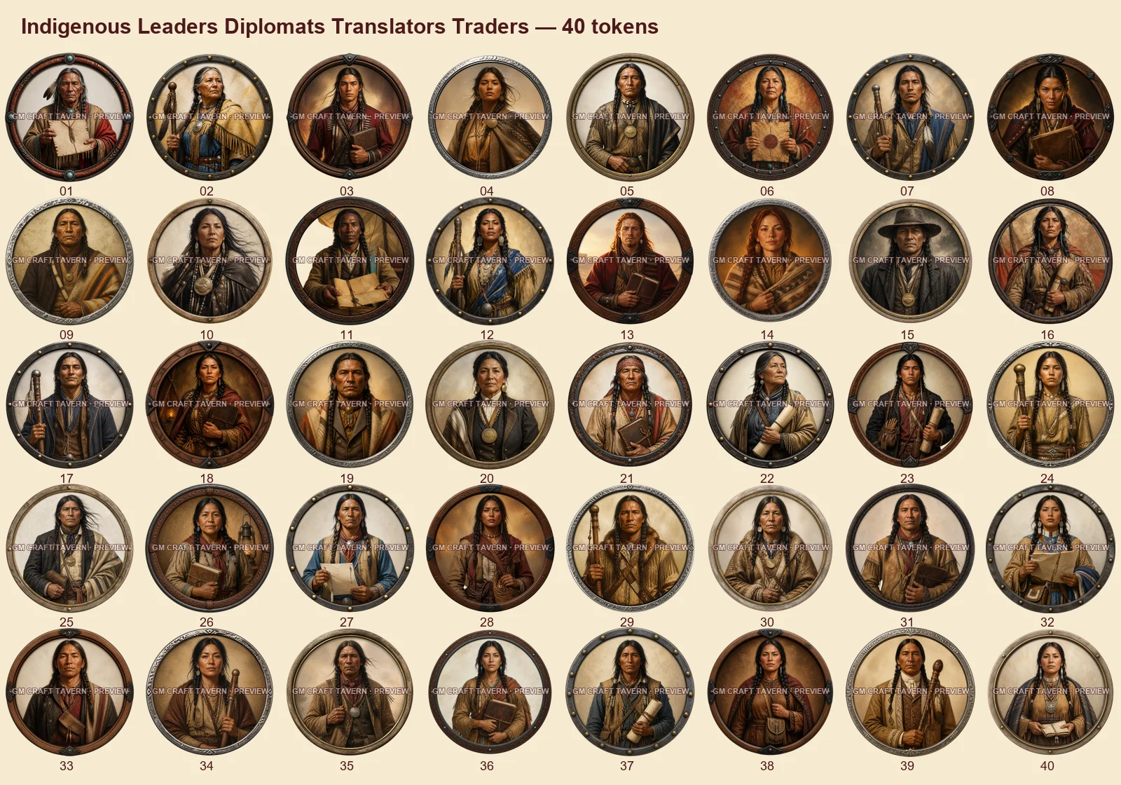 Chefs, diplomates, interprètes et commerçants autochtones — tous les tokens-portraits western inclus 40, aperçu filigrané
