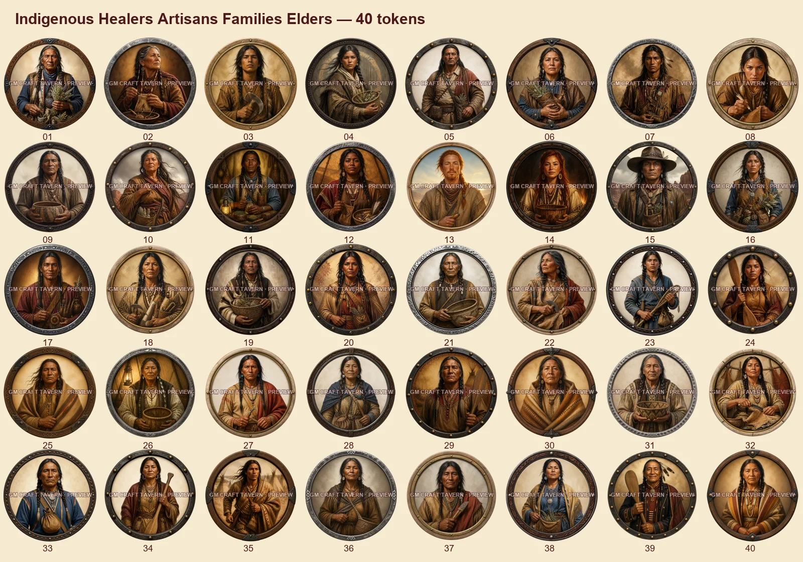 Guérisseurs, artisans, familles et anciens autochtones — tous les tokens-portraits western inclus 40, aperçu filigrané