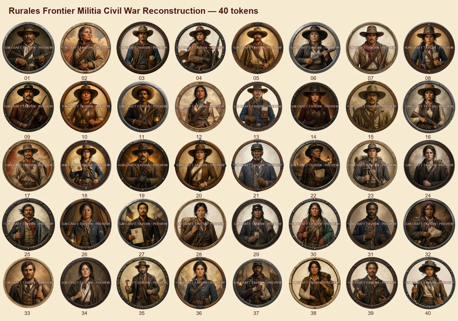 Rurales, milice frontalière, guerre de Sécession et Reconstruction — tous les tokens-portraits western inclus 40, aperçu filigrané