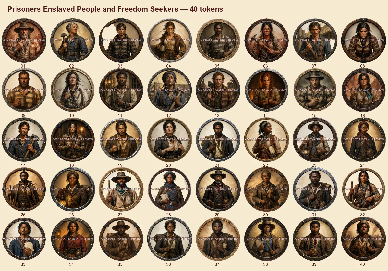 Prisonniers, personnes réduites en esclavage et personnes en quête de liberté — tous les tokens-portraits western inclus 40, aperçu filigrané