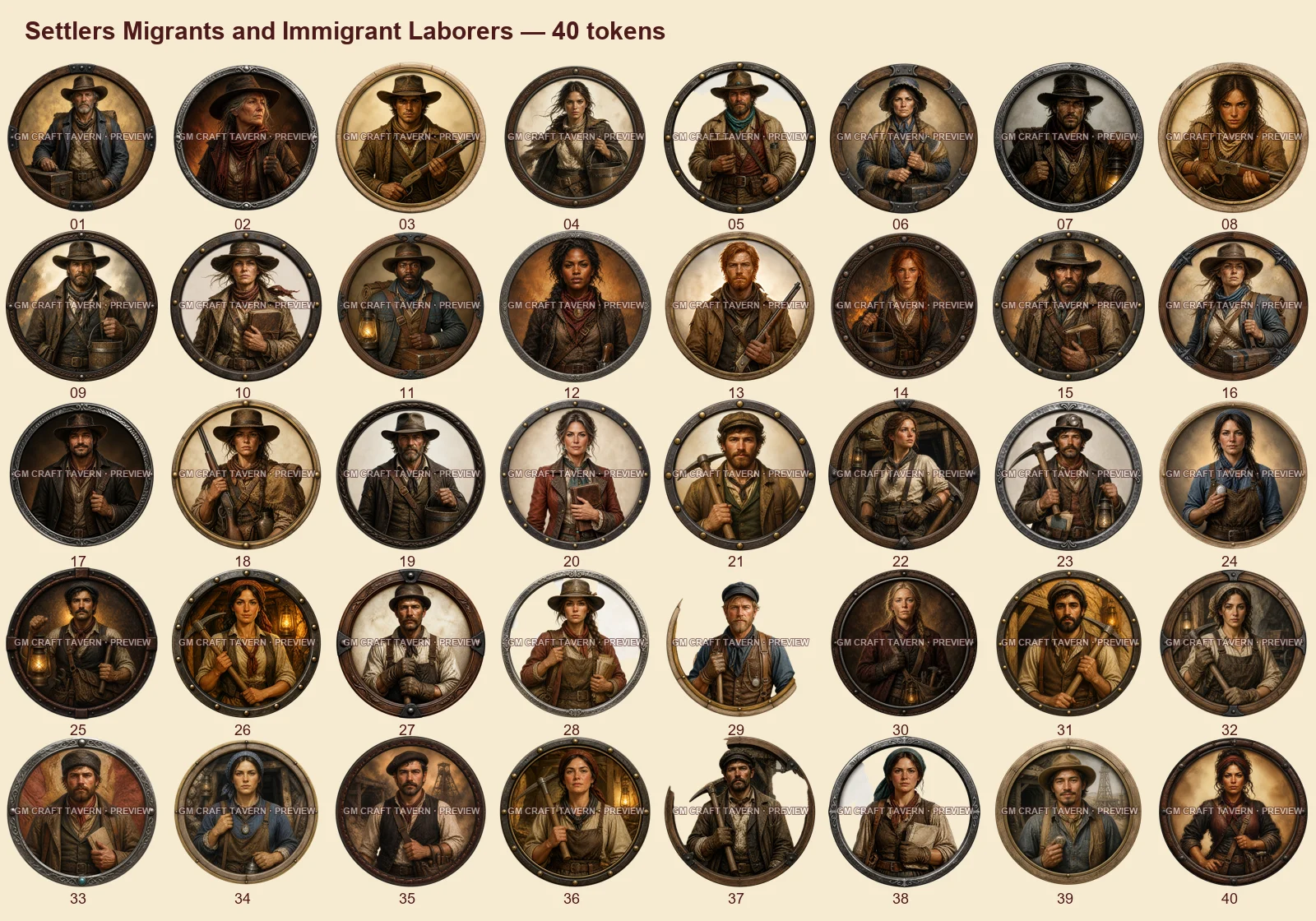 Colons, migrants et travailleurs immigrés — tous les tokens-portraits western inclus 40, aperçu filigrané