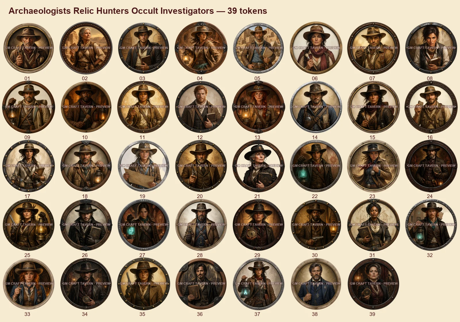 Archéologues, chasseurs de reliques et enquêteurs de l’occulte — tous les tokens-portraits western inclus 39, aperçu filigrané