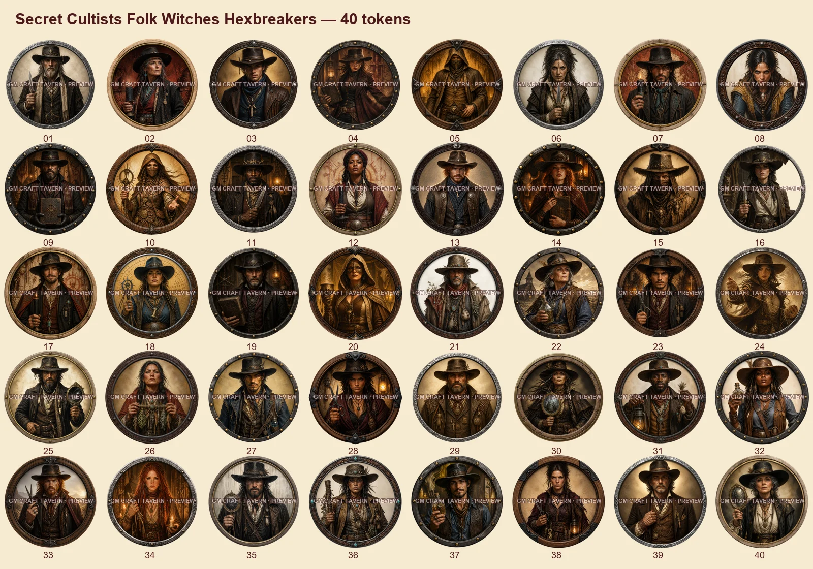 Cultistes secrets, sorcières populaires et briseurs de maléfices — tous les tokens-portraits western inclus 40, aperçu filigrané