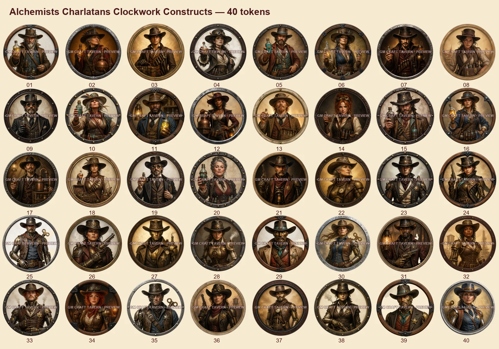 Alchimistes, charlatans et automates à engrenages — tous les tokens-portraits western inclus 40, aperçu filigrané