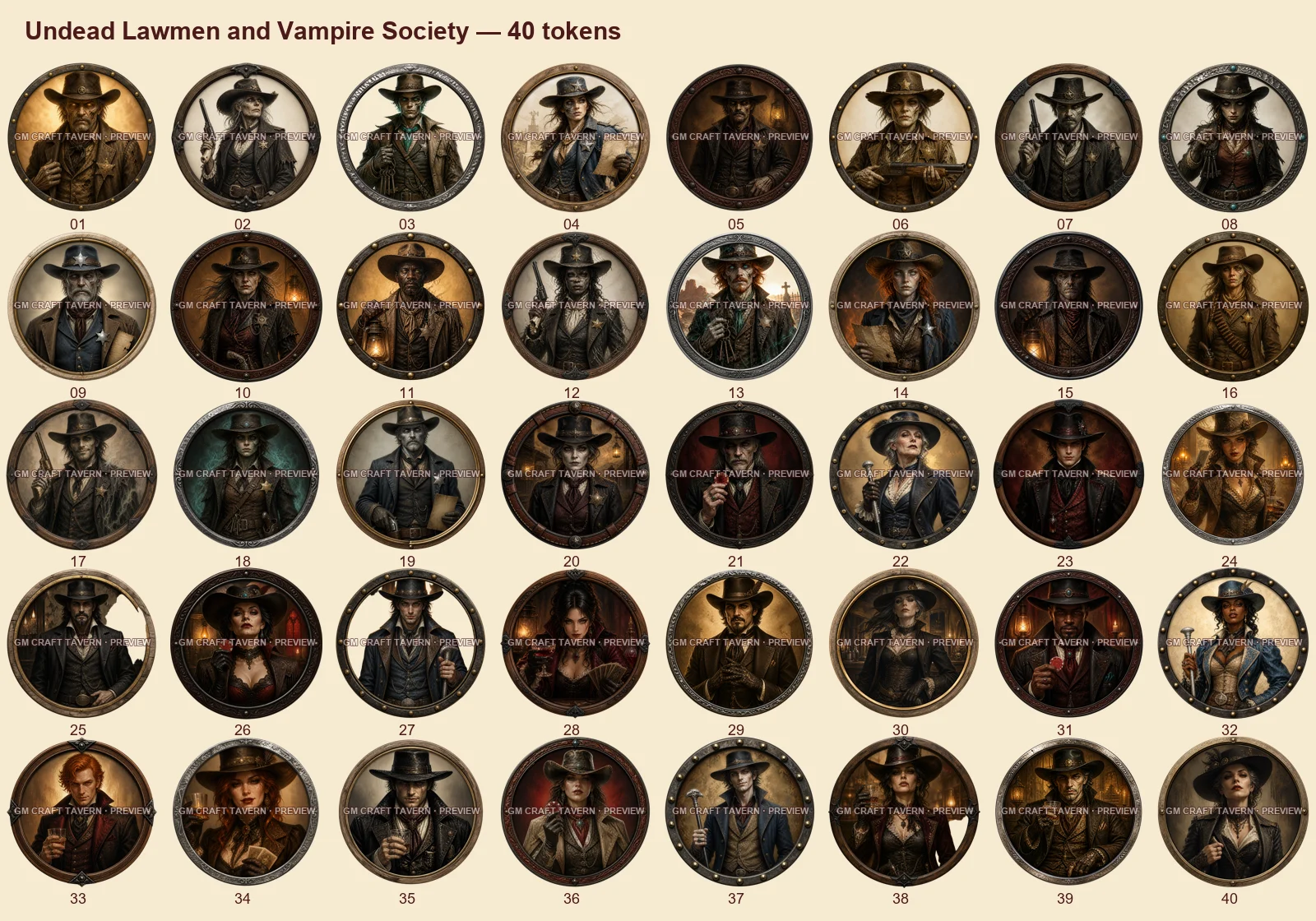 Représentants de la loi morts-vivants et société des vampires — tous les tokens-portraits western inclus 40, aperçu filigrané
