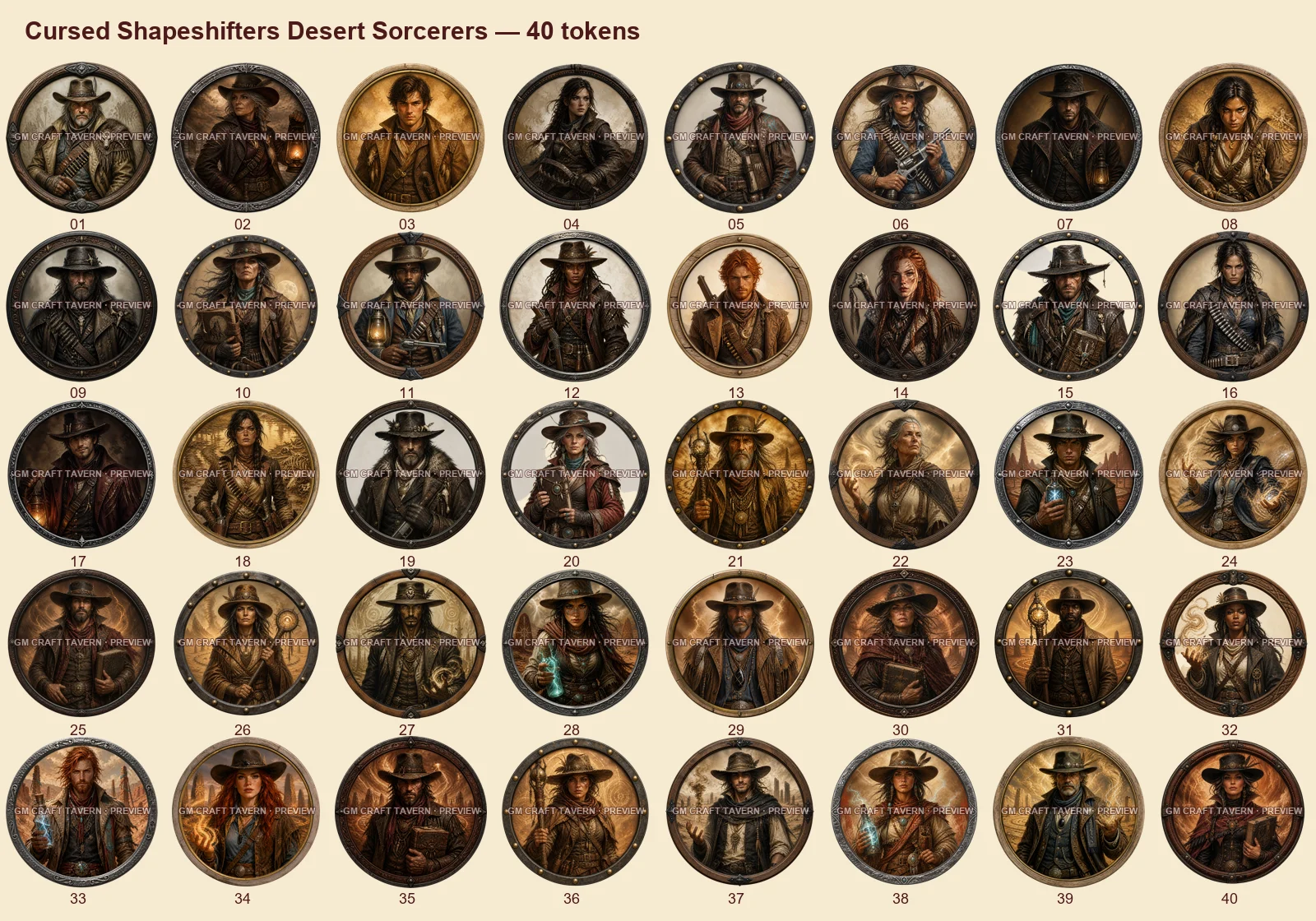 Métamorphes maudits et sorciers du désert — tous les tokens-portraits western inclus 40, aperçu filigrané