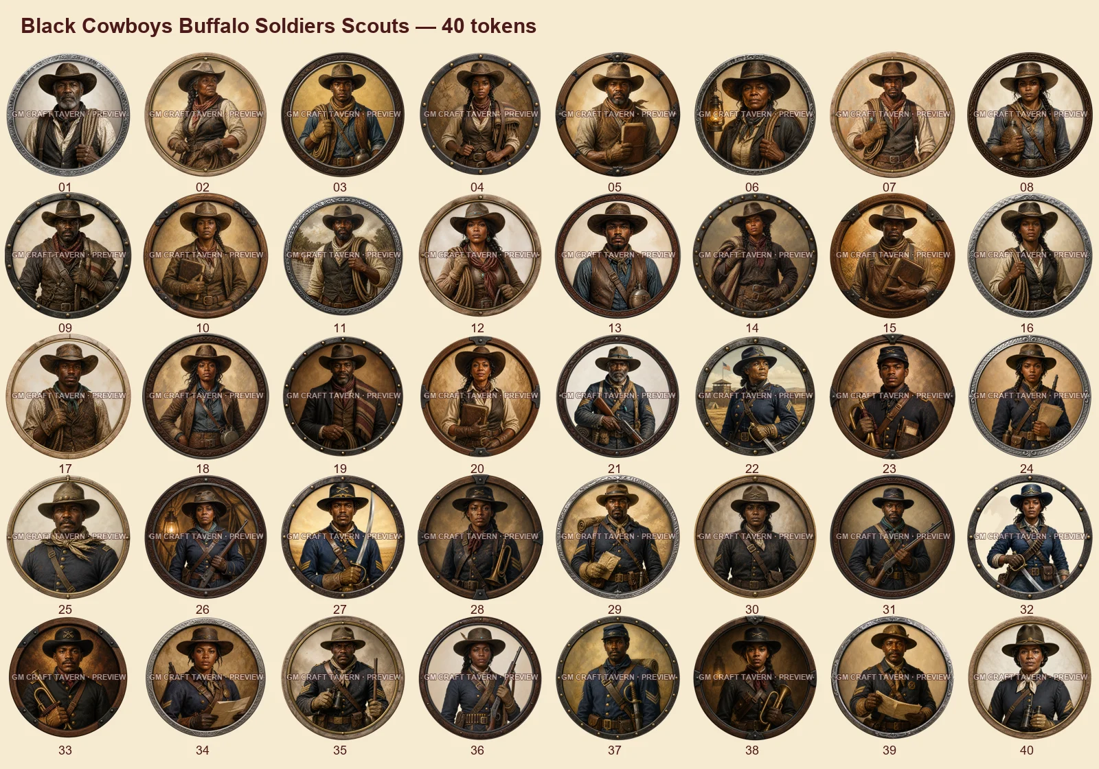 Cowboys noirs, Buffalo Soldiers et éclaireurs — tous les tokens-portraits western inclus 40, aperçu filigrané