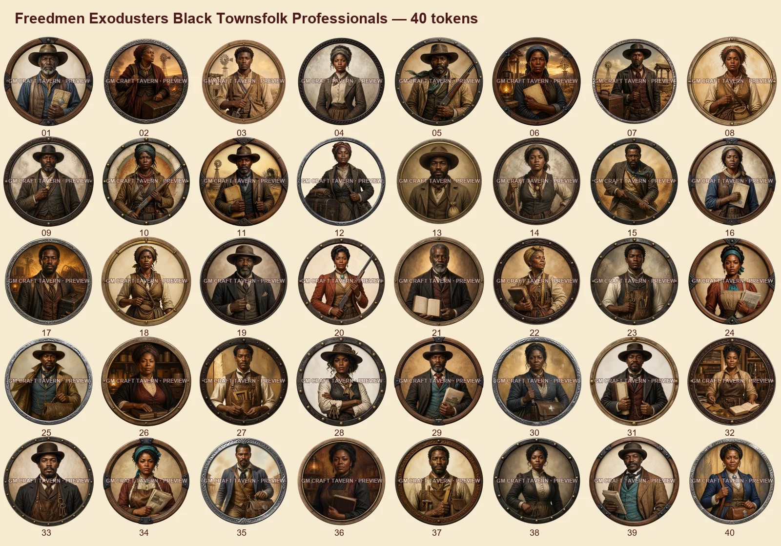 Affranchis, Exodusters, habitants noirs des villes et professionnels — tous les tokens-portraits western inclus 40, aperçu filigrané
