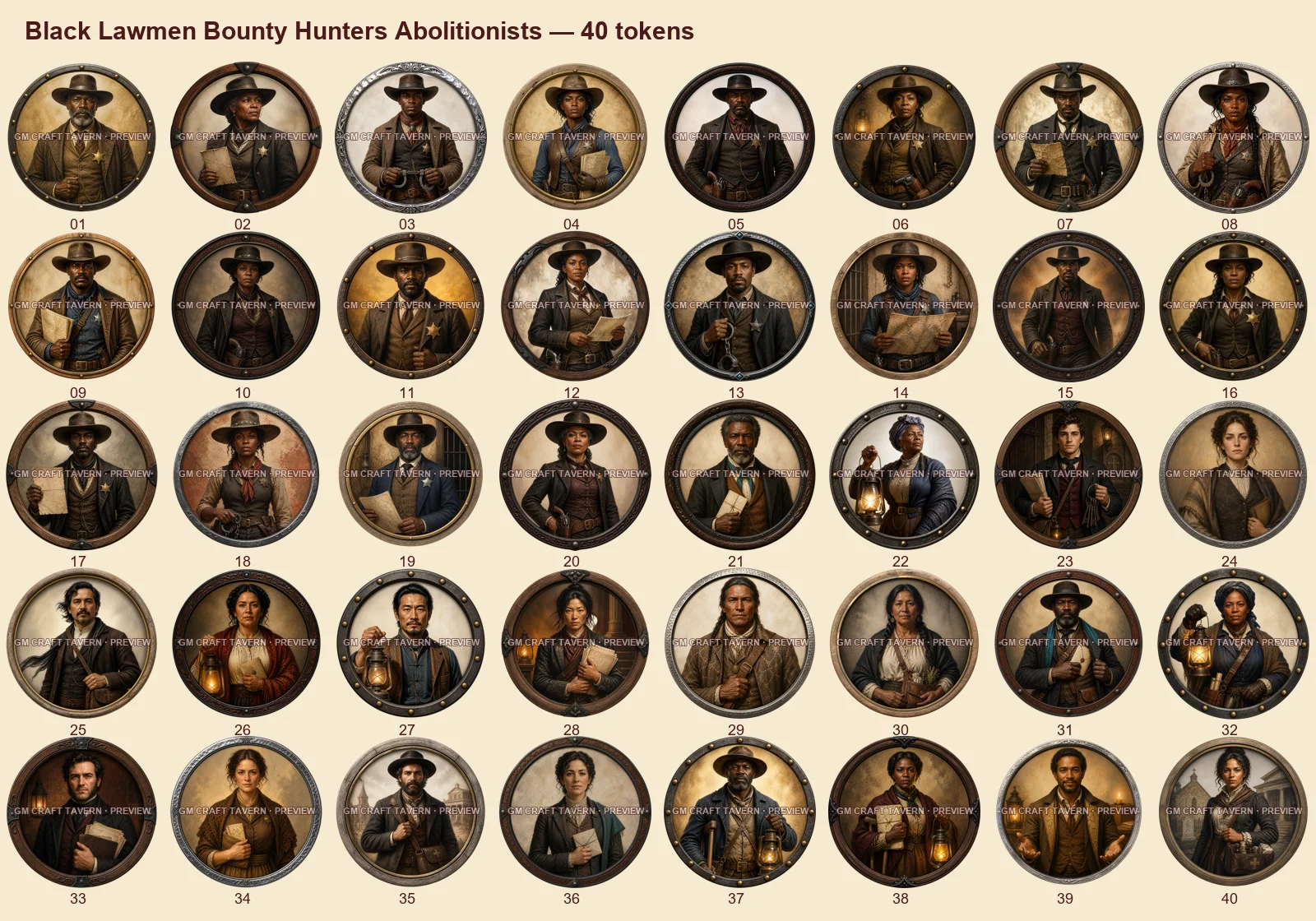 Représentants noirs de la loi, chasseurs de primes et abolitionnistes — tous les tokens-portraits western inclus 40, aperçu filigrané
