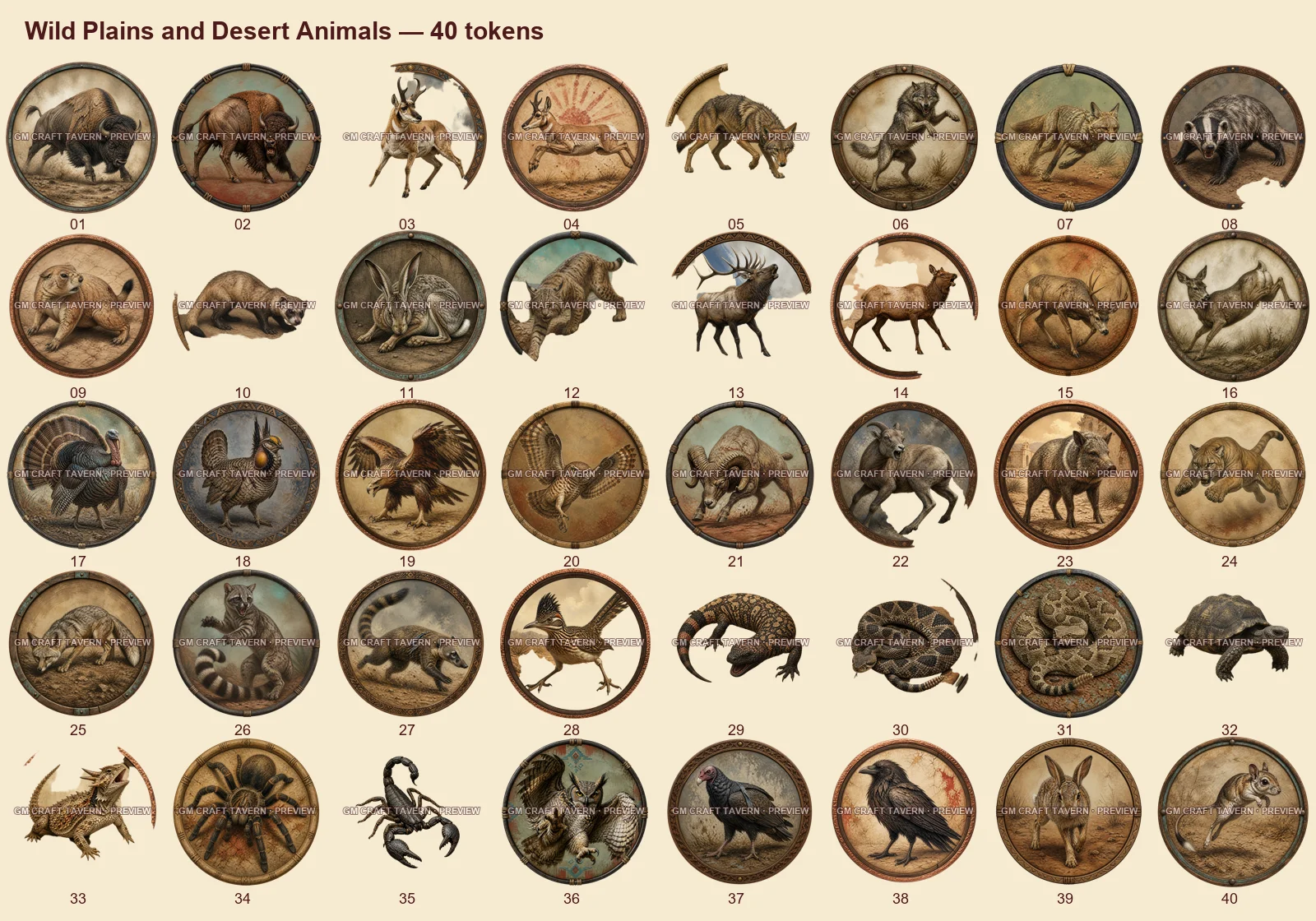 Animaux des grandes plaines sauvages et du désert — tous les tokens-portraits western inclus 40, aperçu filigrané