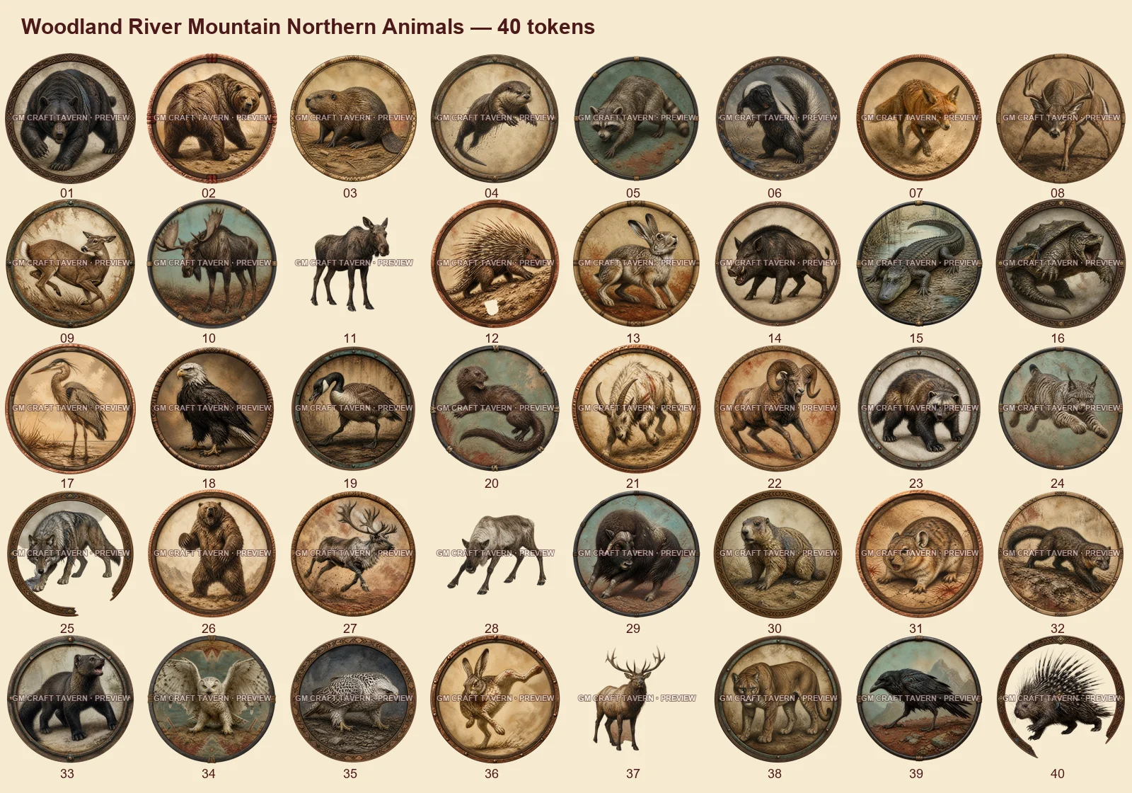 Animaux des bois, des rivières, des montagnes et du Nord — tous les tokens-portraits western inclus 40, aperçu filigrané