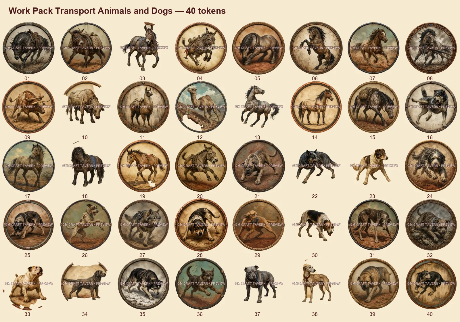Animaux de bât, de transport et chiens de travail — tous les tokens-portraits western inclus 40, aperçu filigrané