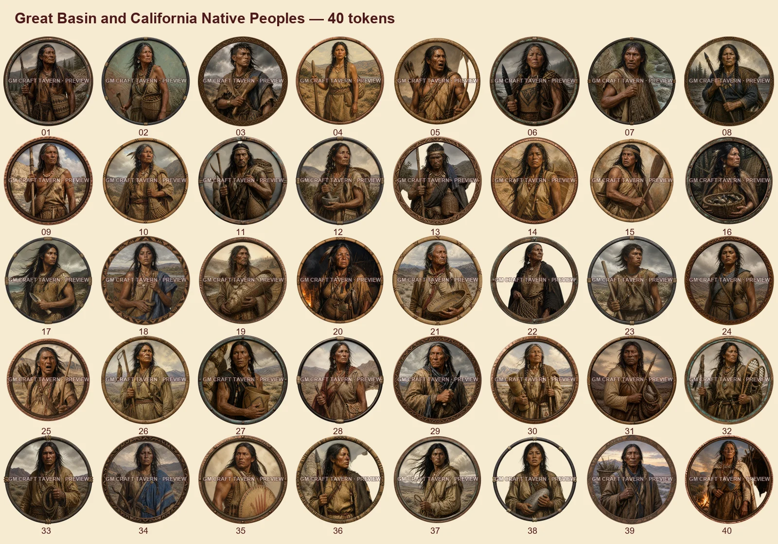 Peuples autochtones du Grand Bassin et de Californie — tous les tokens-portraits western inclus 40, aperçu filigrané