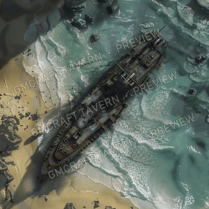 Submarine Wreck On Beach Bat battlemap preview
