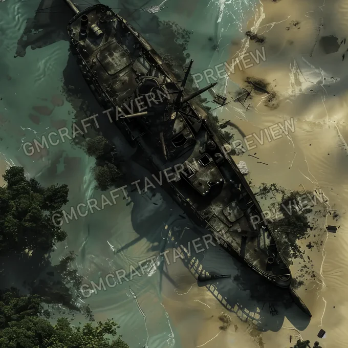 Submarine Wreck On Beach Bat battlemap preview
