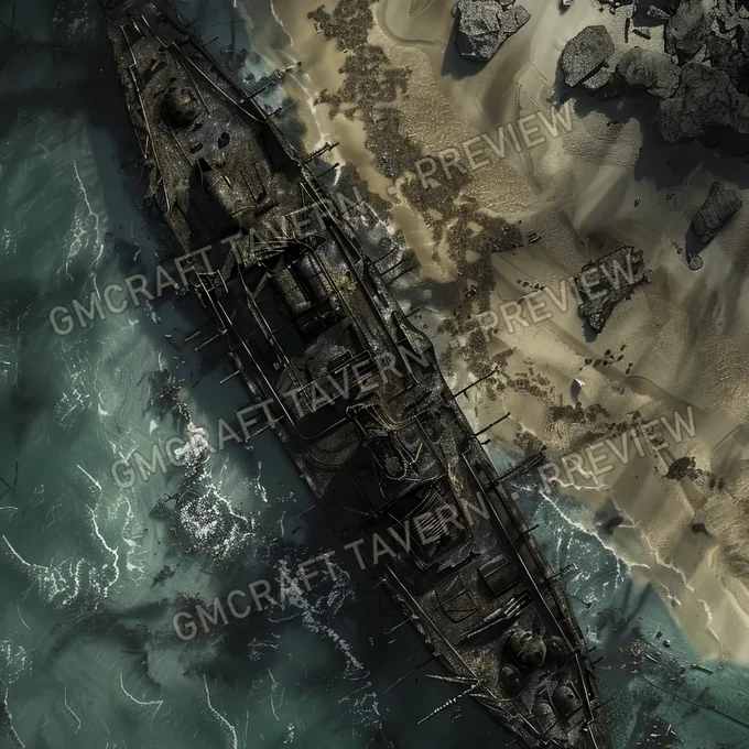 Submarine Wreck On Beach Bat battlemap preview