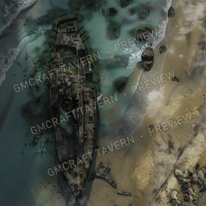 Submarine Wreck On Beach Bat battlemap preview