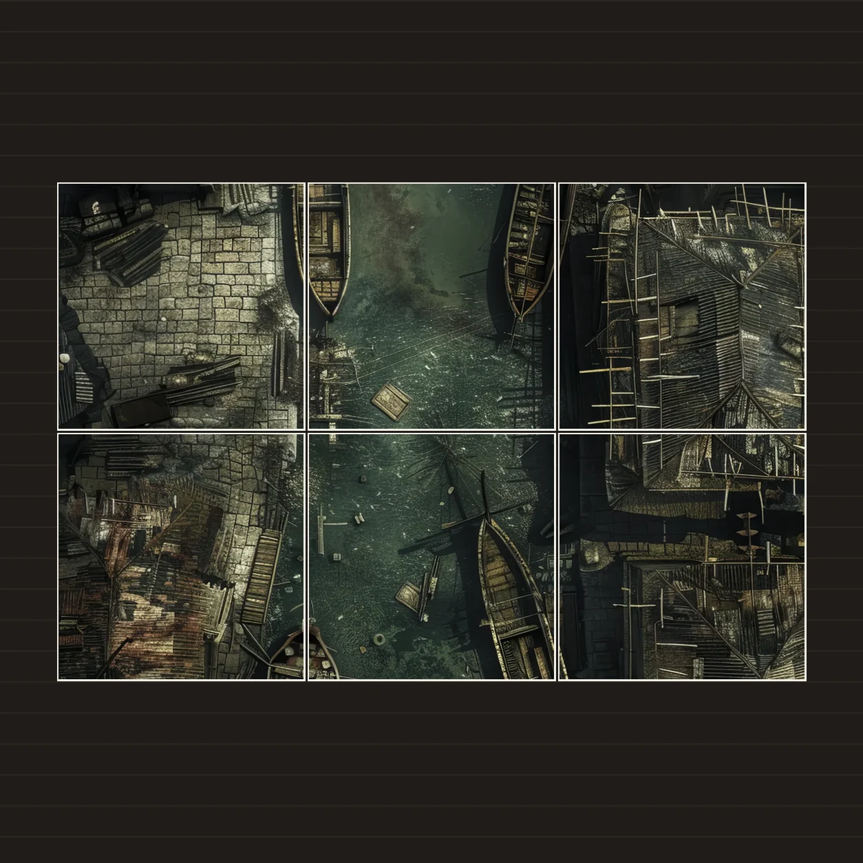 Illustration of a battlemap arranged on six printed sheets on a tabletop