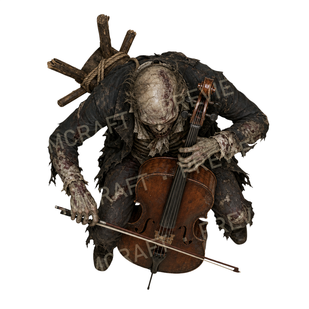 Aperçu du token vu du dessus Violoncelliste zombie traînant un tabouret