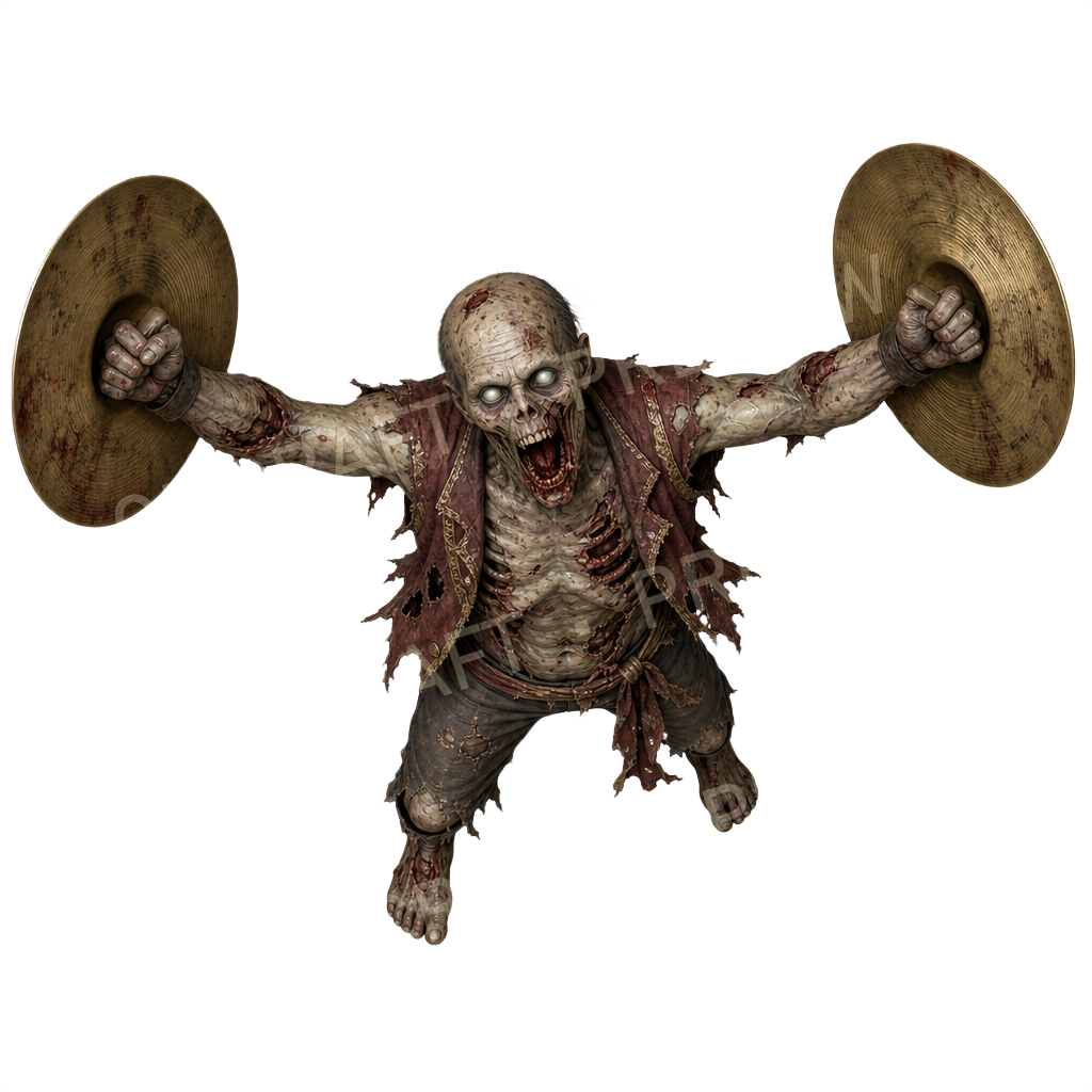 Aperçu du token vu du dessus : zombie joueur de cymbales à la mâchoire fendue