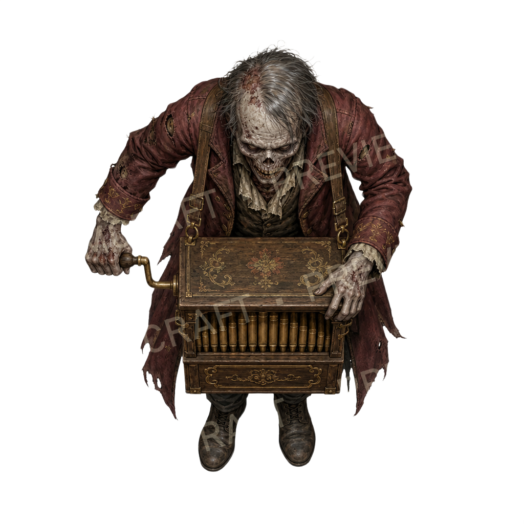 Aperçu du token vu du dessus : zombie montreur d’orgue de Barbarie, boîte à singe