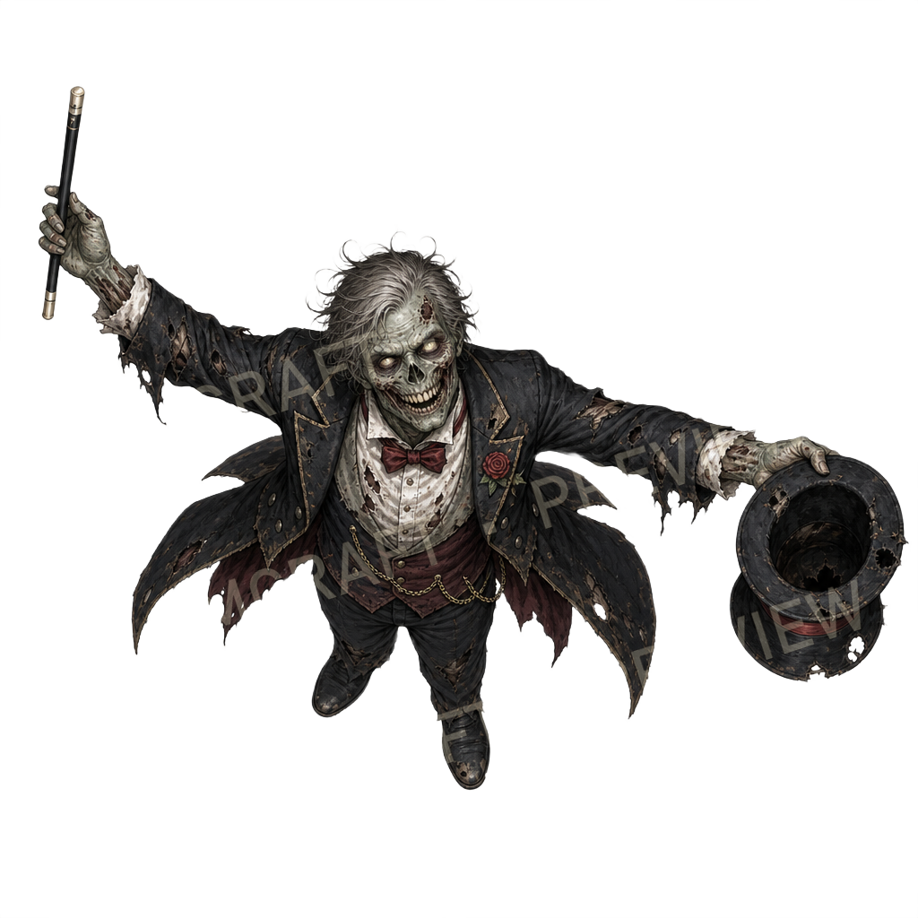 Aperçu du token vu du dessus : magicien de scène zombie, baguette