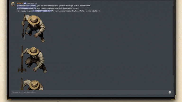 How it works: log in with Discord, type Draw + your request, then download your top-down token