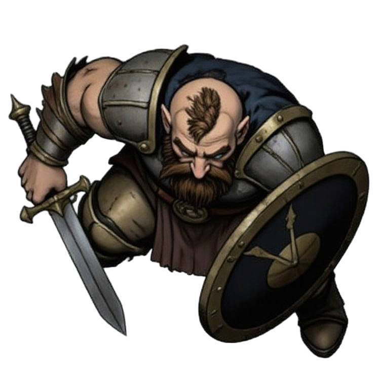 Top-down token example: dwarf warrior in heavy armor with sword and shield, illustrating the Top Down Token Generator