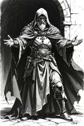 Zealot facing forward in black and white fantasy