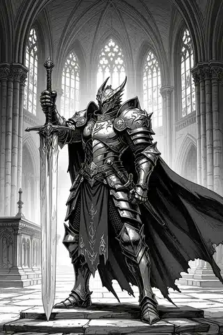 Monochrome dragonborn paladin inside a cathedral fantasy tabletop