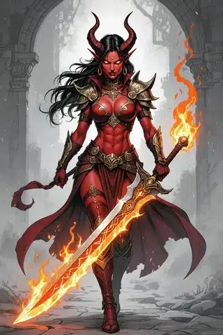 Muscular female tiefling with intense red skin fantasy