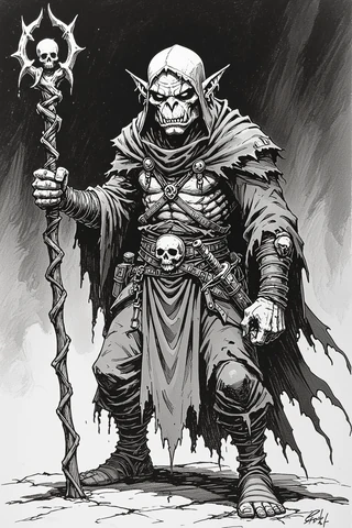 Ominous orc necromancer in tattered robes and dark aura