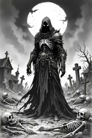 Dark necromancer standing in a ghostly village fantasy
