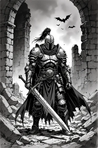 Paladin warrior exploring haunted ruins fantasy tabletop roleplaying