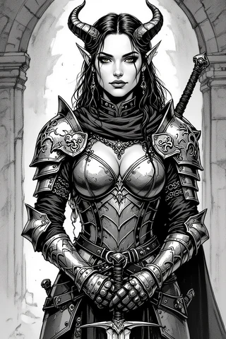 Colorless tiefling woman in thick chainmail armor fantasy