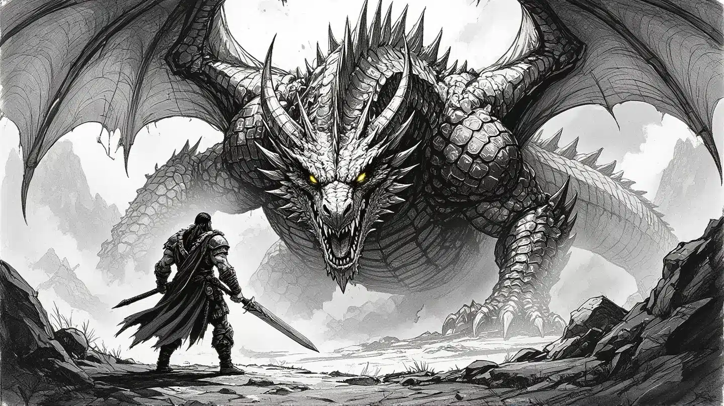 Monochrome dragonborn character resembling a paladin in a fade background