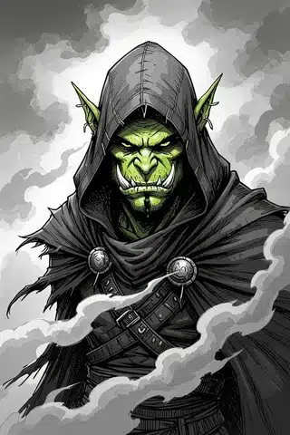 Colorless male orc trickster wearing a hood and facing forward