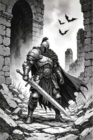 Monochrome dragonborn character resembling a paladin in a fade background