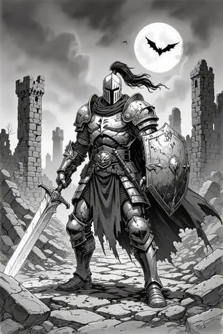 Paladin warrior exploring haunted ruins with determination fantasy